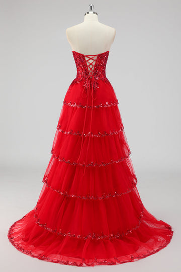 Sparkly Dark Red A Line Strapless Tiered Sequins Corset Prom Dress